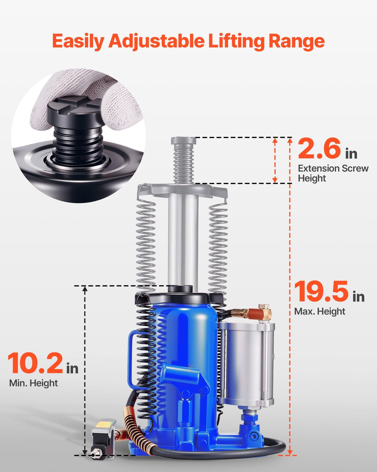 VEVOR Gaisa hidrauliskais pudeļveida domkrats, 20 t, 260–495 mm, pneimatiskais/manuālais smagās slodzes metinātais domkrats ar sūkni automašīnām, pikapiem, kravas auto, kemperiem, SUV, auto remontam un māju pacelšanai, zils