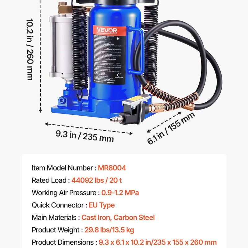 VEVOR Gaisa hidrauliskais pudeļveida domkrats, 20 t, 260–495 mm, pneimatiskais/manuālais smagās slodzes metinātais domkrats ar sūkni automašīnām, pikapiem, kravas auto, kemperiem, SUV, auto remontam un māju pacelšanai, zils