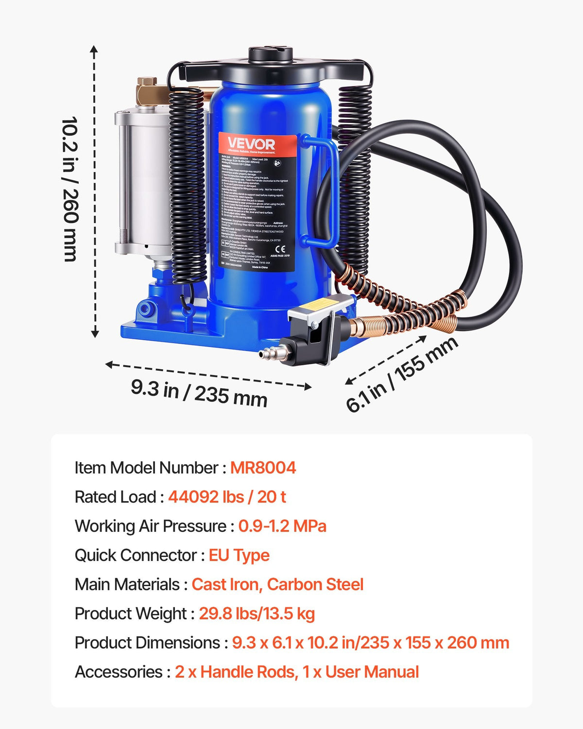 VEVOR Gaisa hidrauliskais pudeļveida domkrats, 20 t, 260–495 mm, pneimatiskais/manuālais smagās slodzes metinātais domkrats ar sūkni automašīnām, pikapiem, kravas auto, kemperiem, SUV, auto remontam un māju pacelšanai, zils