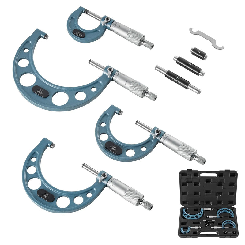VEVOR 4 gab. ārējo mikrometru komplekts 0–4″ (0–1″ / 1–2″ / 2–3″ / 3–4″), augstas precizitātes mehāniķu instruments ar aizsargkoferi metālapstrādei un inženiertehniskiem darbiem