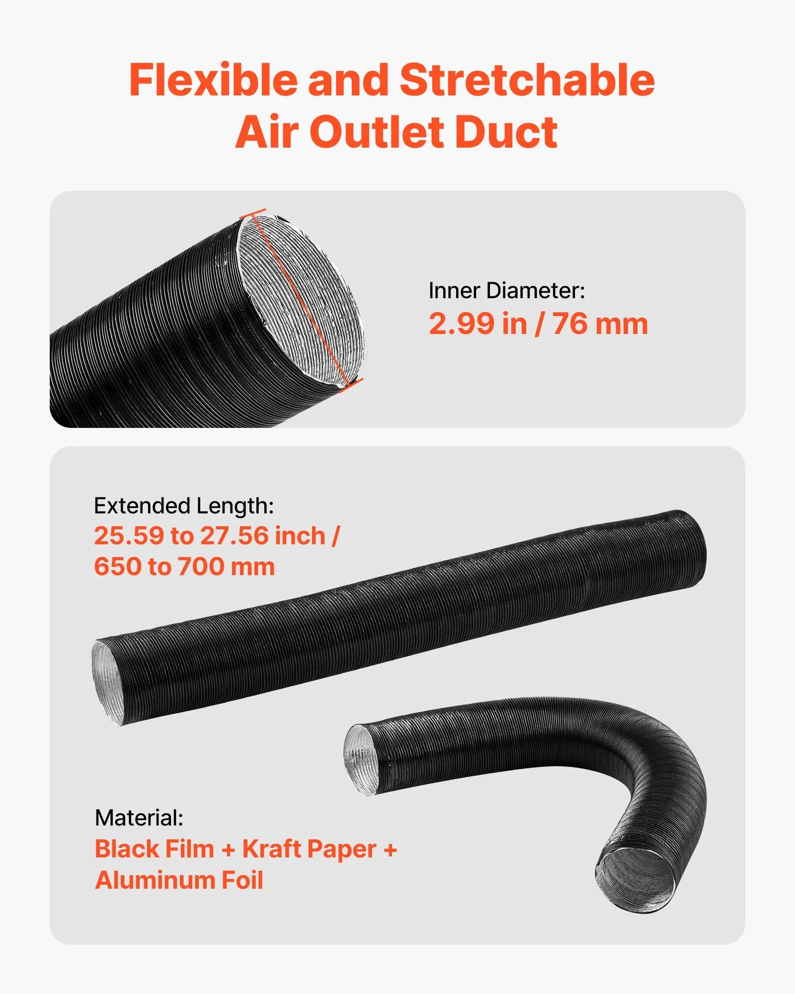 VEVOR dīzeļa sildītāja gaisa cauruļu un ventilācijas komplekts, 75 mm silta gaisa izvads ar Y veida savienotāju un gaisa kanālu skavām, paredzēts 2 kW, 5 kW un 8 kW dīzeļa sildītājiem, melns