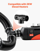 Dīzeļsildītāja savienotājs 59 mm, T-veida 3 virzienu gaisa ventilācijas savienotājs ar diviem 90° rotējamiem vārstiem, melns savienojums 2 kW dīzeļsildītājiem