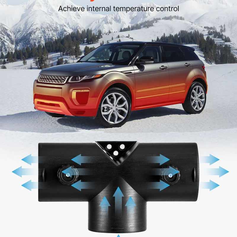 Dīzeļsildītāja savienotājs 59 mm, T-veida 3 virzienu gaisa ventilācijas savienotājs ar diviem 90° rotējamiem vārstiem, melns savienojums 2 kW dīzeļsildītājiem