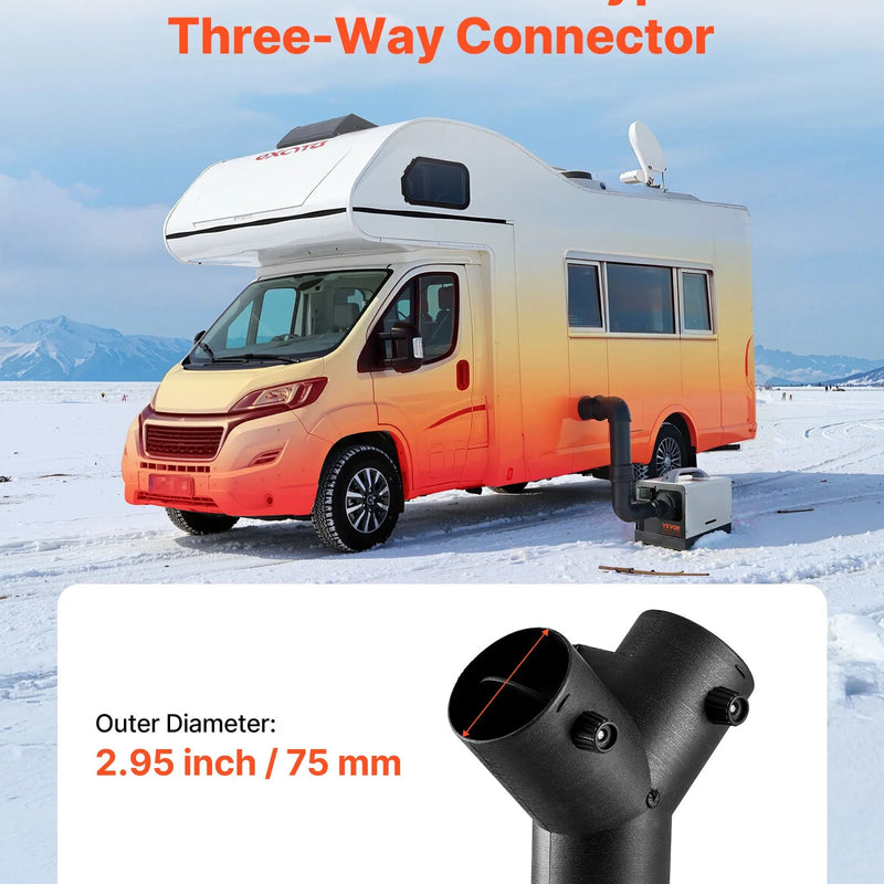 Dīzeļsildītāja savienotājs, 75 mm gaisa vada Y veida atzars ar 2 rotējošiem 90° vārstiem, melns savienojums 2 kW / 5 kW / 8 kW dīzeļsildītājiem