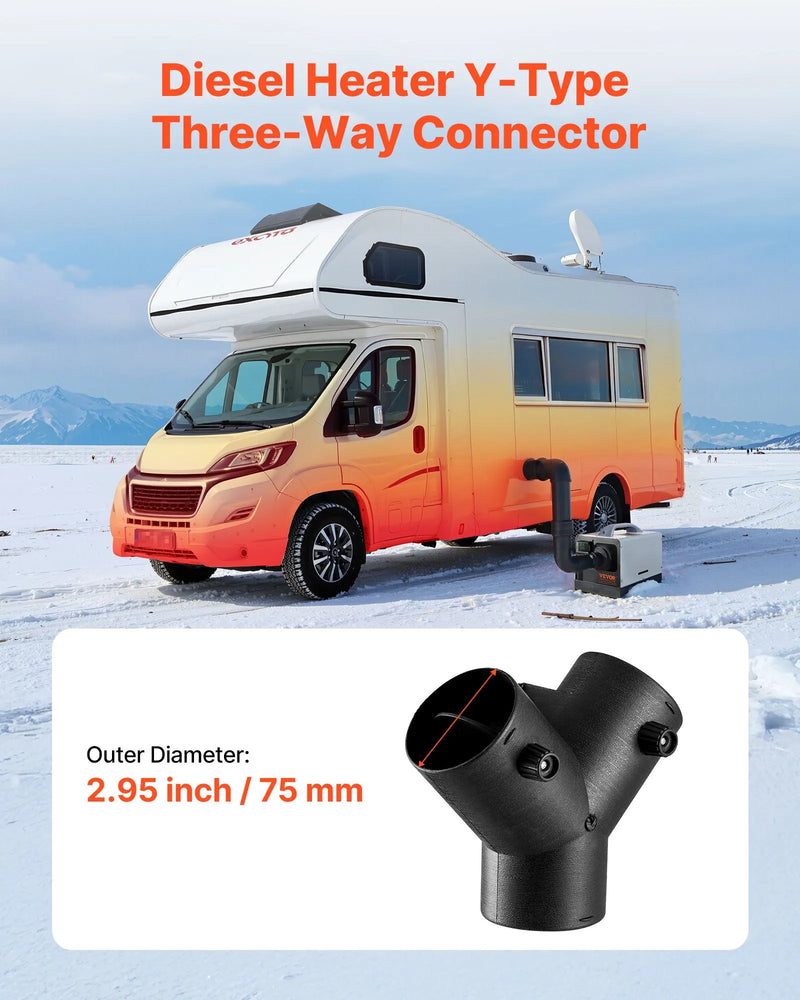 Dīzeļsildītāja savienotājs, 75 mm gaisa vada Y veida atzars ar 2 rotējošiem 90° vārstiem, melns savienojums 2 kW / 5 kW / 8 kW dīzeļsildītājiem