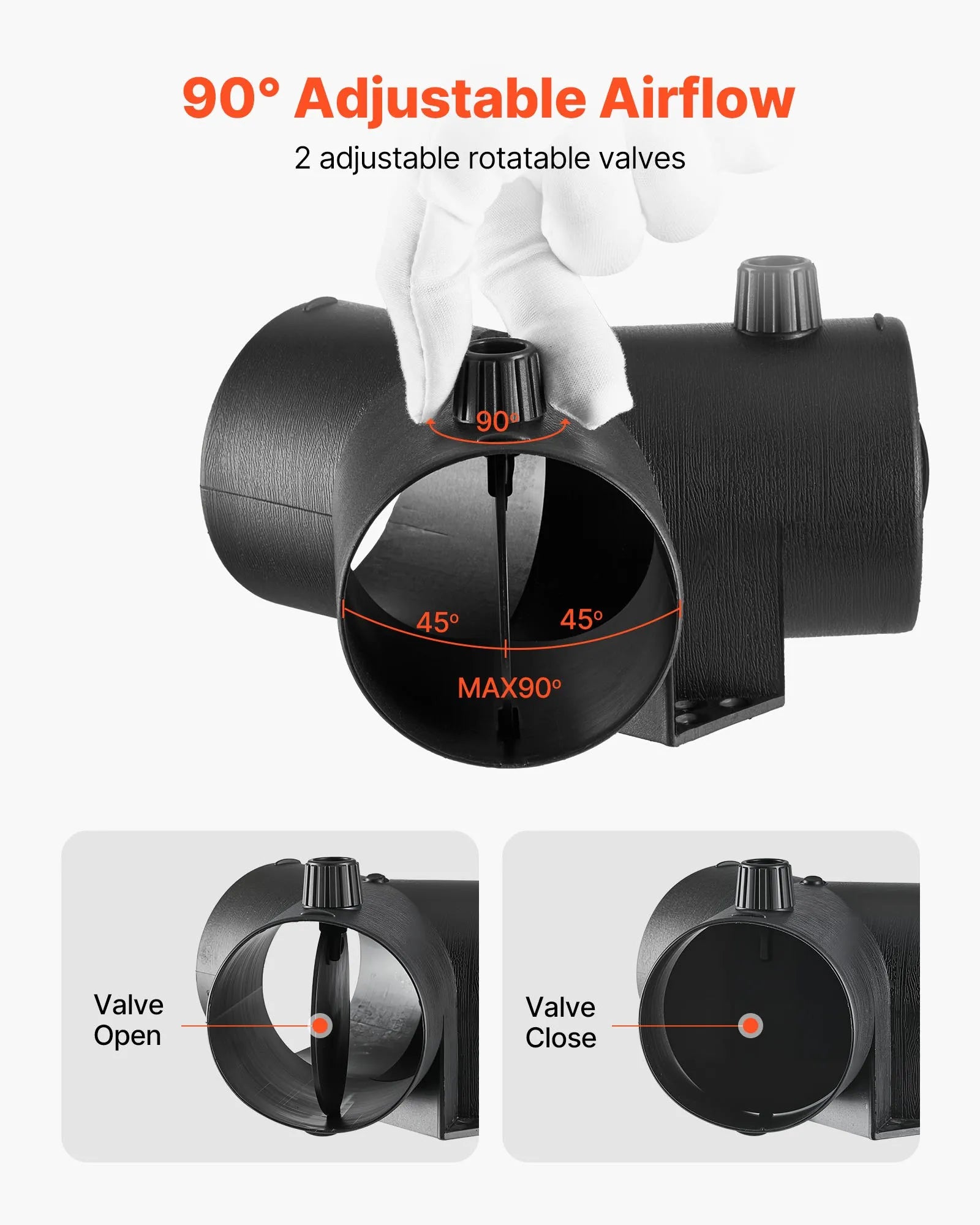 Dīzeļsildītāja savienotājs, 75 mm gaisa vada Y veida atzars ar 2 rotējošiem 90° vārstiem, melns savienojums 2 kW / 5 kW / 8 kW dīzeļsildītājiem