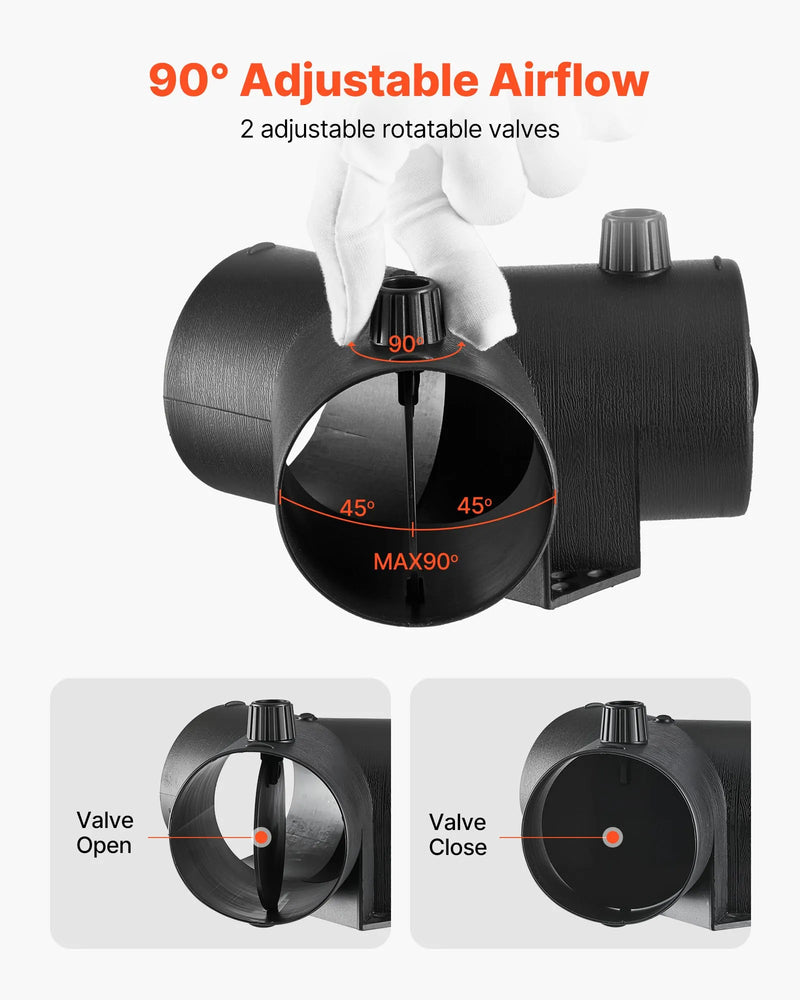 Dīzeļsildītāja savienotājs, 75 mm gaisa vada Y veida atzars ar 2 rotējošiem 90° vārstiem, melns savienojums 2 kW / 5 kW / 8 kW dīzeļsildītājiem