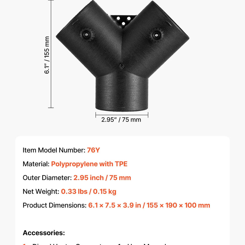 Dīzeļsildītāja savienotājs, 75 mm gaisa vada Y veida atzars ar 2 rotējošiem 90° vārstiem, melns savienojums 2 kW / 5 kW / 8 kW dīzeļsildītājiem
