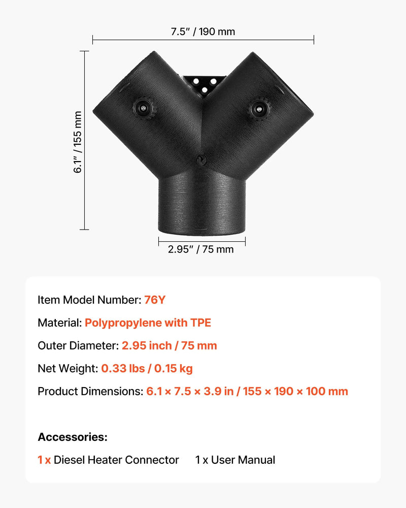 Dīzeļsildītāja savienotājs, 75 mm gaisa vada Y veida atzars ar 2 rotējošiem 90° vārstiem, melns savienojums 2 kW / 5 kW / 8 kW dīzeļsildītājiem