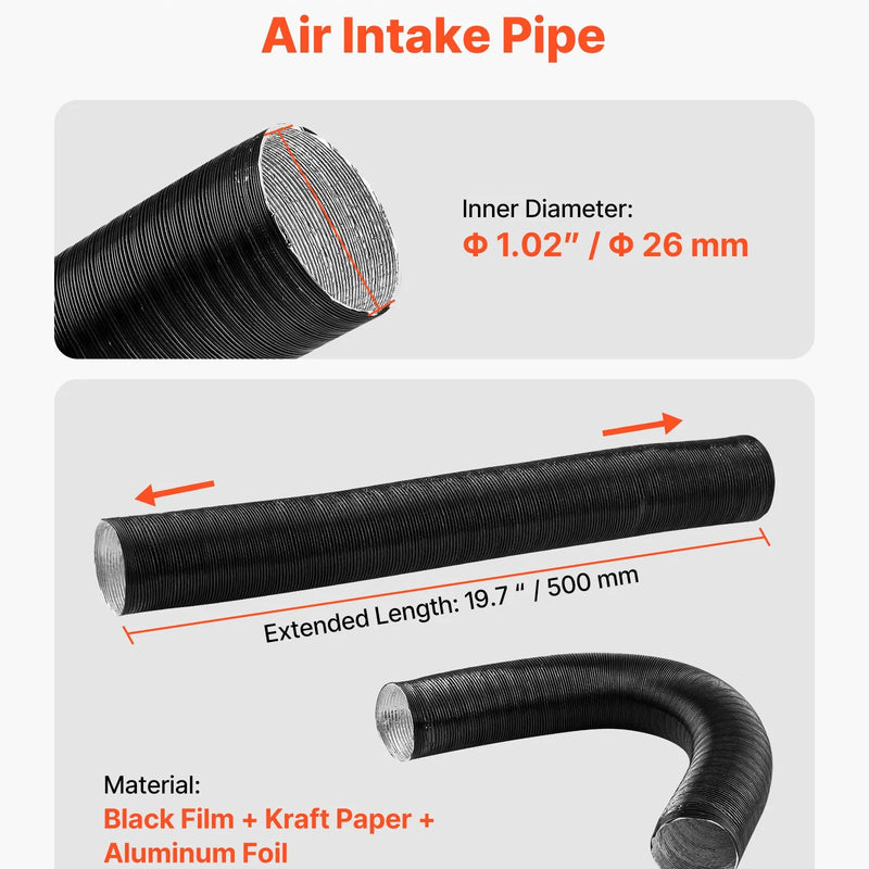 Комплект впускных труб дизельного отопителя, шланг воздуховода Ø 25 мм, растягивающаяся и гибкая труба глушителя впускного фильтра с хомутами, 2-8 кВт
