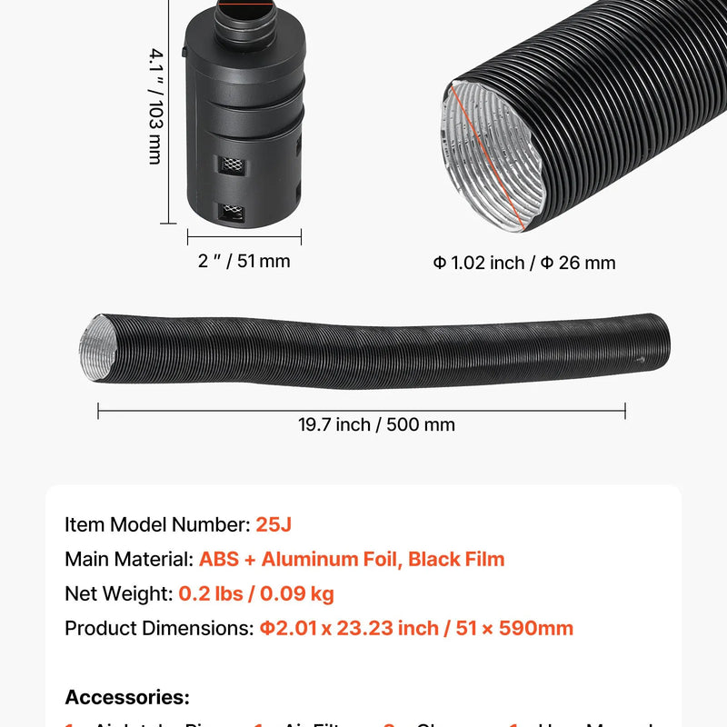Комплект впускных труб дизельного отопителя, шланг воздуховода Ø 25 мм, растягивающаяся и гибкая труба глушителя впускного фильтра с хомутами, 2-8 кВт