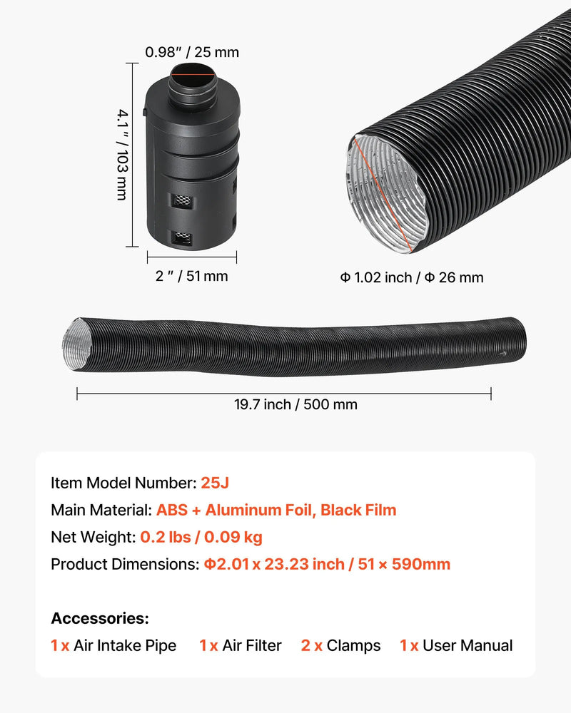 Комплект впускных труб дизельного отопителя, шланг воздуховода Ø 25 мм, растягивающаяся и гибкая труба глушителя впускного фильтра с хомутами, 2-8 кВт