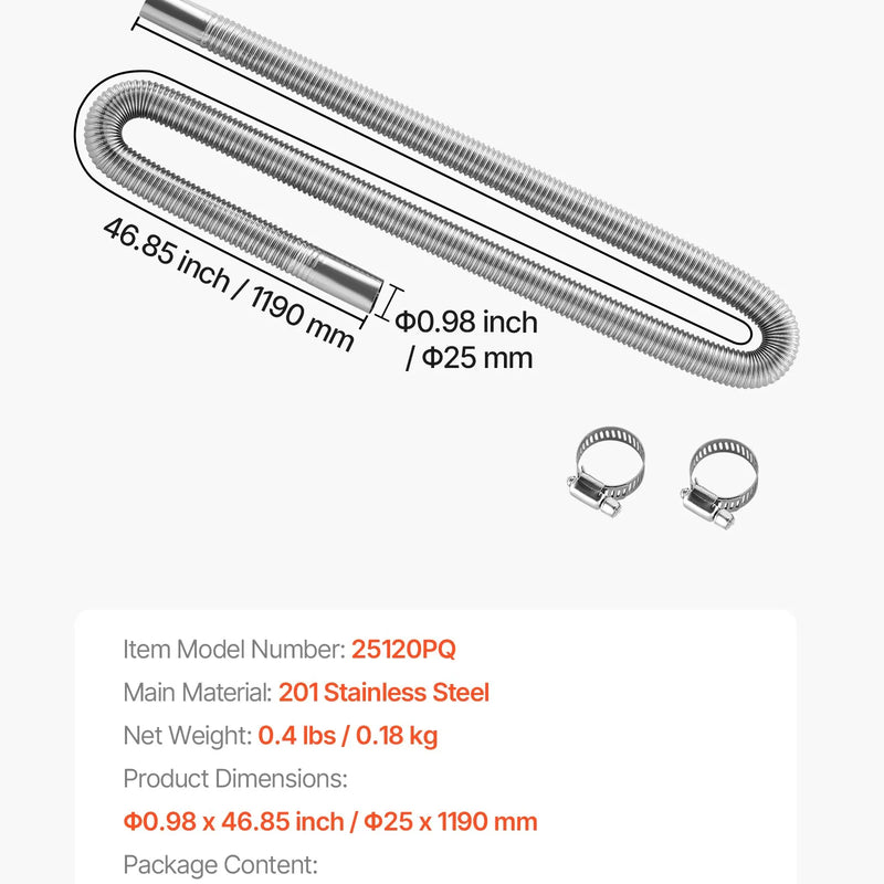 Выхлопной шланг, гибкий шланг для дизельного отопителя из нержавеющей стали 1200 мм с 2 хомутами, комплект принадлежностей для дизельного отопителя, совместим с дизельными отопителями мощностью 2-8 кВт