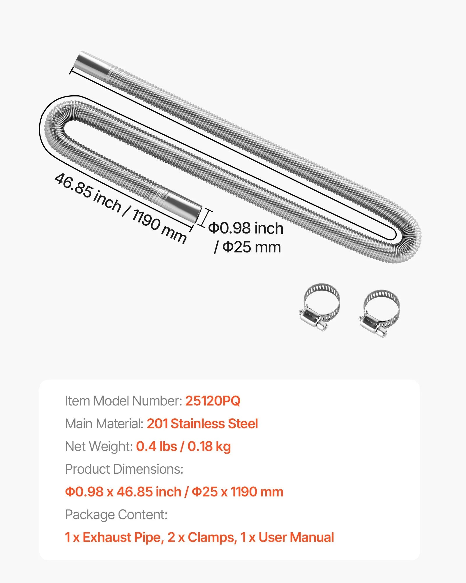 Izplūdes šļūtene, 1200 mm dīzeļsildītāja elastīgā caurule no nerūsējošā tērauda ar 2 skavām, dīzeļsildītāja piederumu komplekts, saderīgs ar 2–8 kW dīzeļsildītājiem