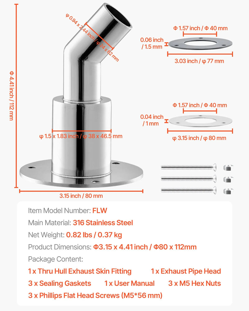 Izplūdes korpusa savienojums 24 mm dīzeļsildītājam, leņķa tipa izplūdes caurules savienojums ar skrūvēm, uzgriežņiem un blīvi, piemērots 2 kW, 5 kW un 8 kW dīzeļsildītājiem, izgatavots no 316 nerūsējošā tērauda