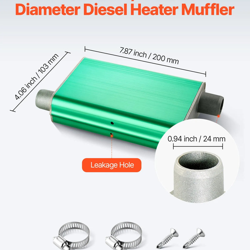 VEVOR dīzeļsildītāja klusinātājs, 24 mm uzlabots izpūtēja klusinātājs ar 2 skavām un skrūvēm, alumīnija sakausējuma izpūtēja trokšņu slāpētājs 2 kW, 5 kW un 8 kW dīzeļsildītājiem