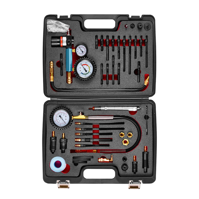 VEVOR dzinēja cilindru kompresijas un noplūdes testeru komplekts ar 0–48,3 bar spiediena manometru un 0–6,9 bar noplūdes manometru, automobiļu noplūdes pārbaudes komplekts ar 4 adapteriem automašīnām un motocikliem