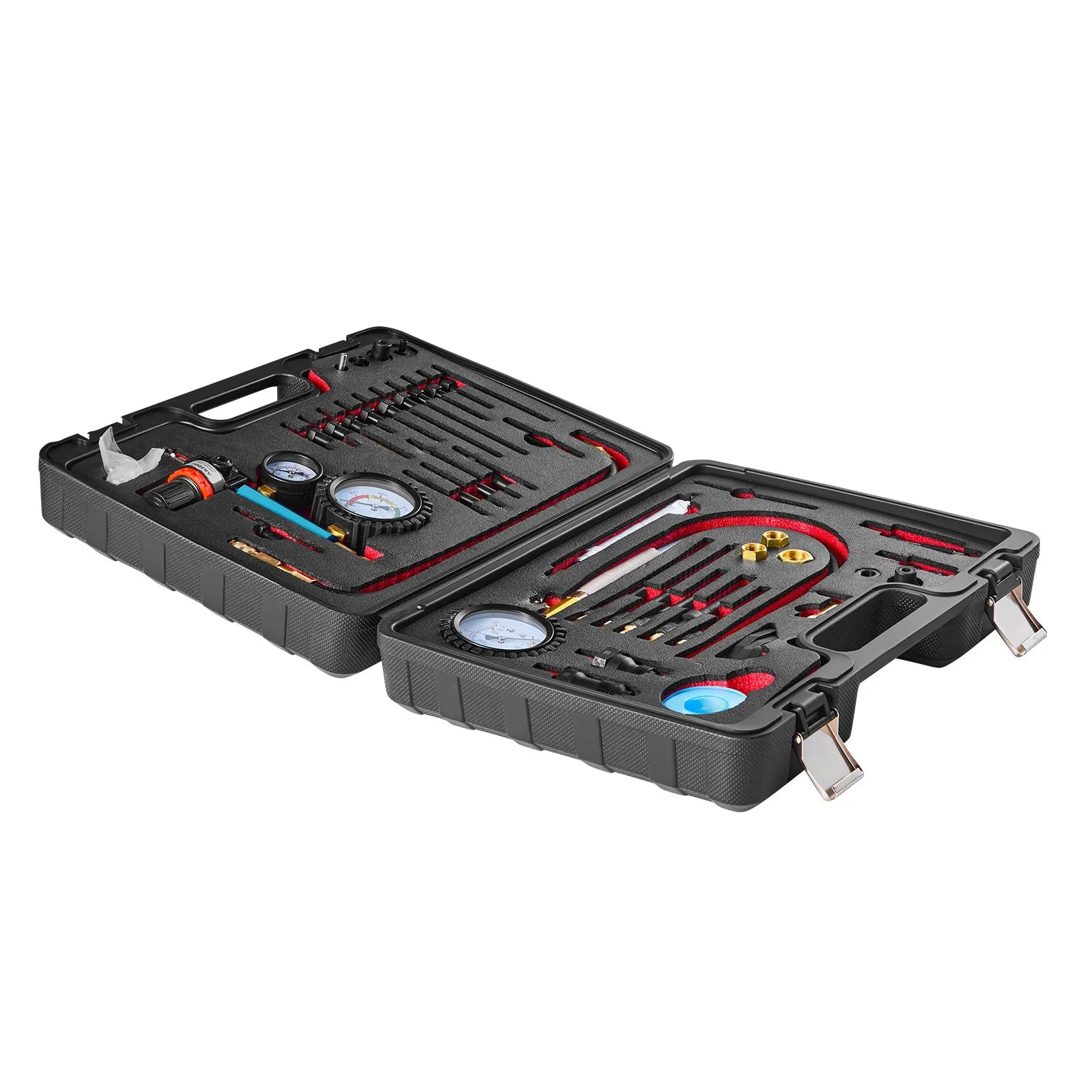VEVOR dzinēja cilindru kompresijas un noplūdes testeru komplekts ar 0–48,3 bar spiediena manometru un 0–6,9 bar noplūdes manometru, automobiļu noplūdes pārbaudes komplekts ar 4 adapteriem automašīnām un motocikliem