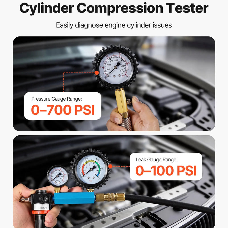 VEVOR dzinēja cilindru kompresijas un noplūdes testeru komplekts ar 0–48,3 bar spiediena manometru un 0–6,9 bar noplūdes manometru, automobiļu noplūdes pārbaudes komplekts ar 4 adapteriem automašīnām un motocikliem