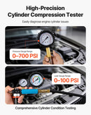 VEVOR dzinēja cilindru kompresijas un noplūdes testeru komplekts ar 0–48,3 bar spiediena manometru un 0–6,9 bar noplūdes manometru, automobiļu noplūdes pārbaudes komplekts ar 4 adapteriem automašīnām un motocikliem