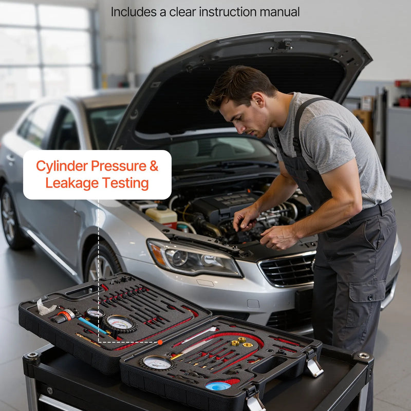 VEVOR dzinēja cilindru kompresijas un noplūdes testeru komplekts ar 0–48,3 bar spiediena manometru un 0–6,9 bar noplūdes manometru, automobiļu noplūdes pārbaudes komplekts ar 4 adapteriem automašīnām un motocikliem