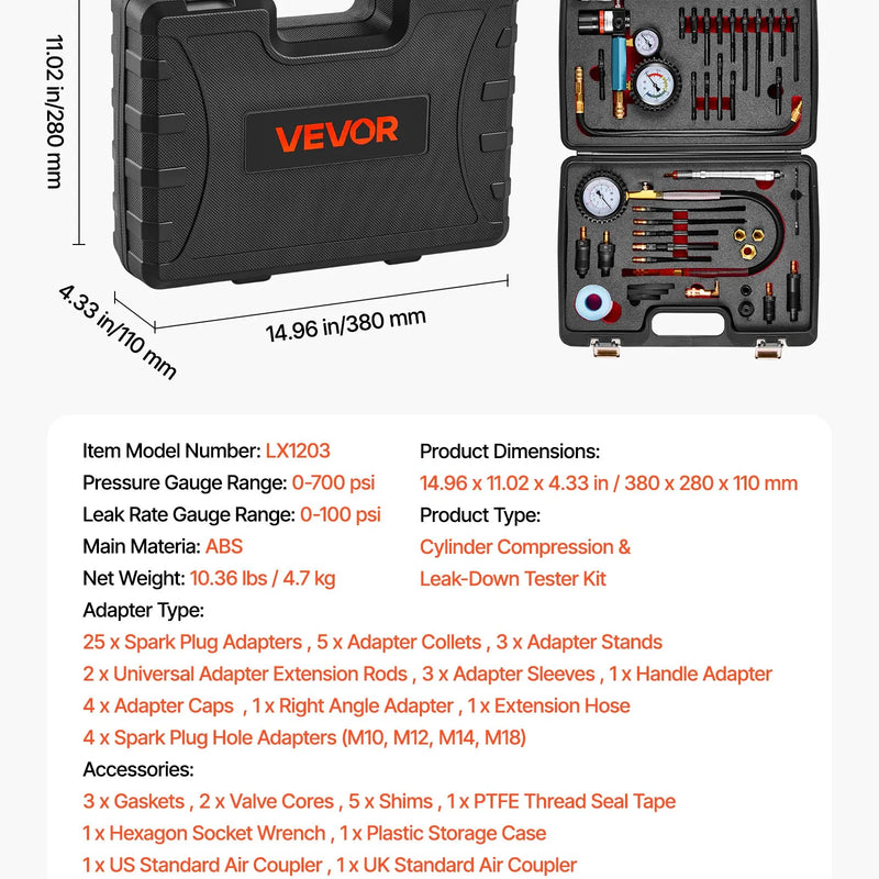 VEVOR dzinēja cilindru kompresijas un noplūdes testeru komplekts ar 0–48,3 bar spiediena manometru un 0–6,9 bar noplūdes manometru, automobiļu noplūdes pārbaudes komplekts ar 4 adapteriem automašīnām un motocikliem
