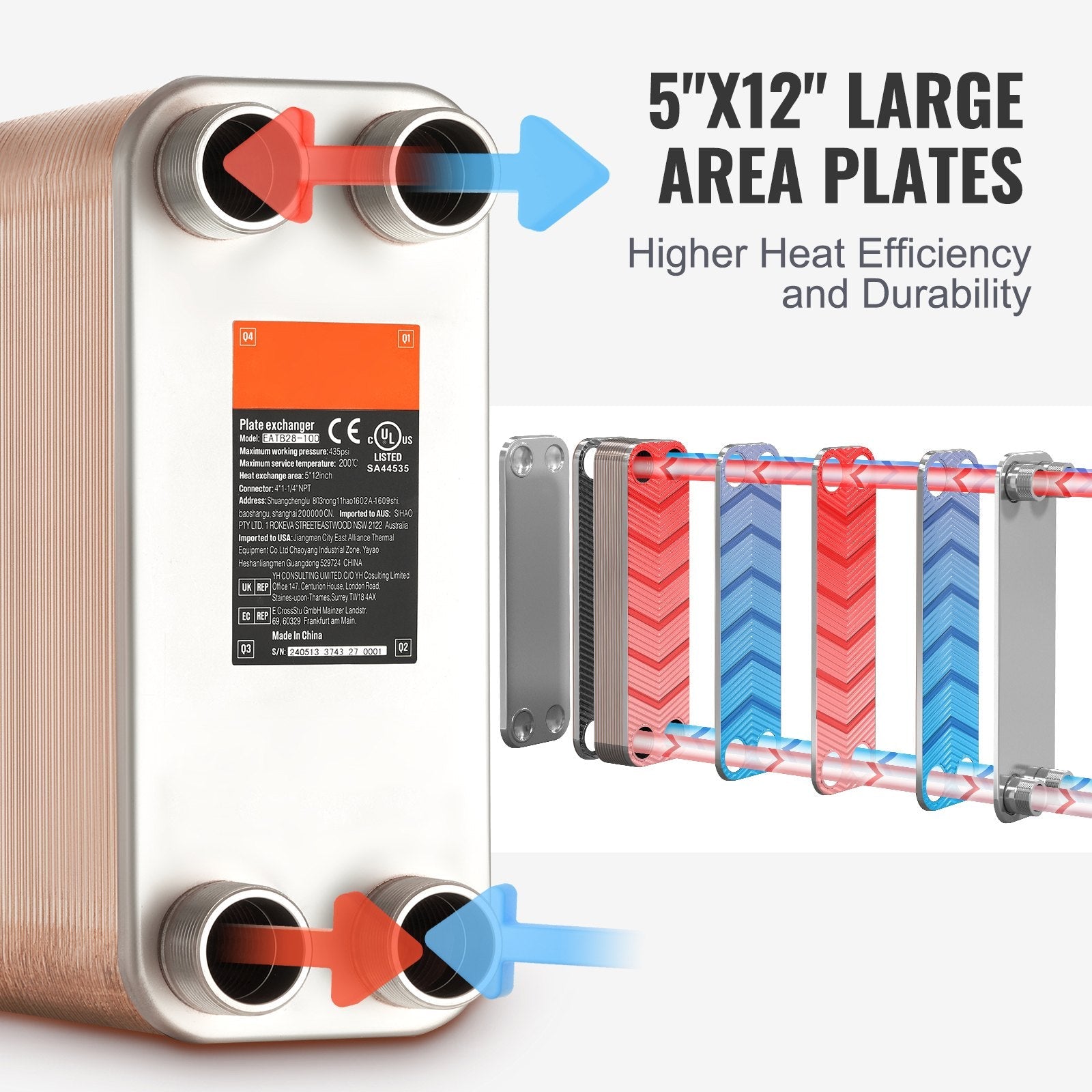 VEVOR 100 plākšņu siltummaiņa – 4 x 1-1/4" MNPT Ports, 5" x 12", Brazēts 316L Nerūsējošais Tērauds
