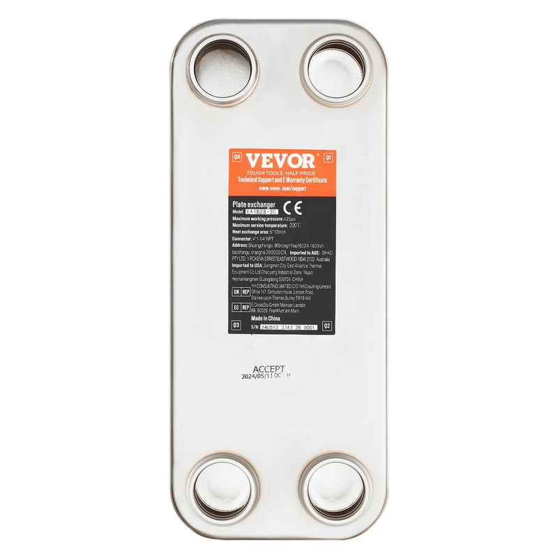 VEVOR lodētais plākšņu siltummainis, 5" × 12" (127 × 305 mm), 30 plāksnes, vara un 316L nerūsējošā tērauda ūdens–ūdens siltummainis grīdas apkurei, ūdens sildīšanai, sniega kausēšanai un alus dzesēšanai