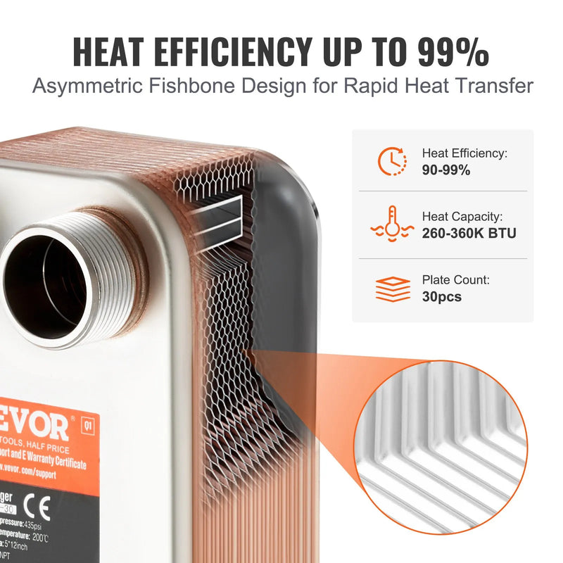 VEVOR lodētais plākšņu siltummainis, 5" × 12" (127 × 305 mm), 30 plāksnes, vara un 316L nerūsējošā tērauda ūdens–ūdens siltummainis grīdas apkurei, ūdens sildīšanai, sniega kausēšanai un alus dzesēšanai