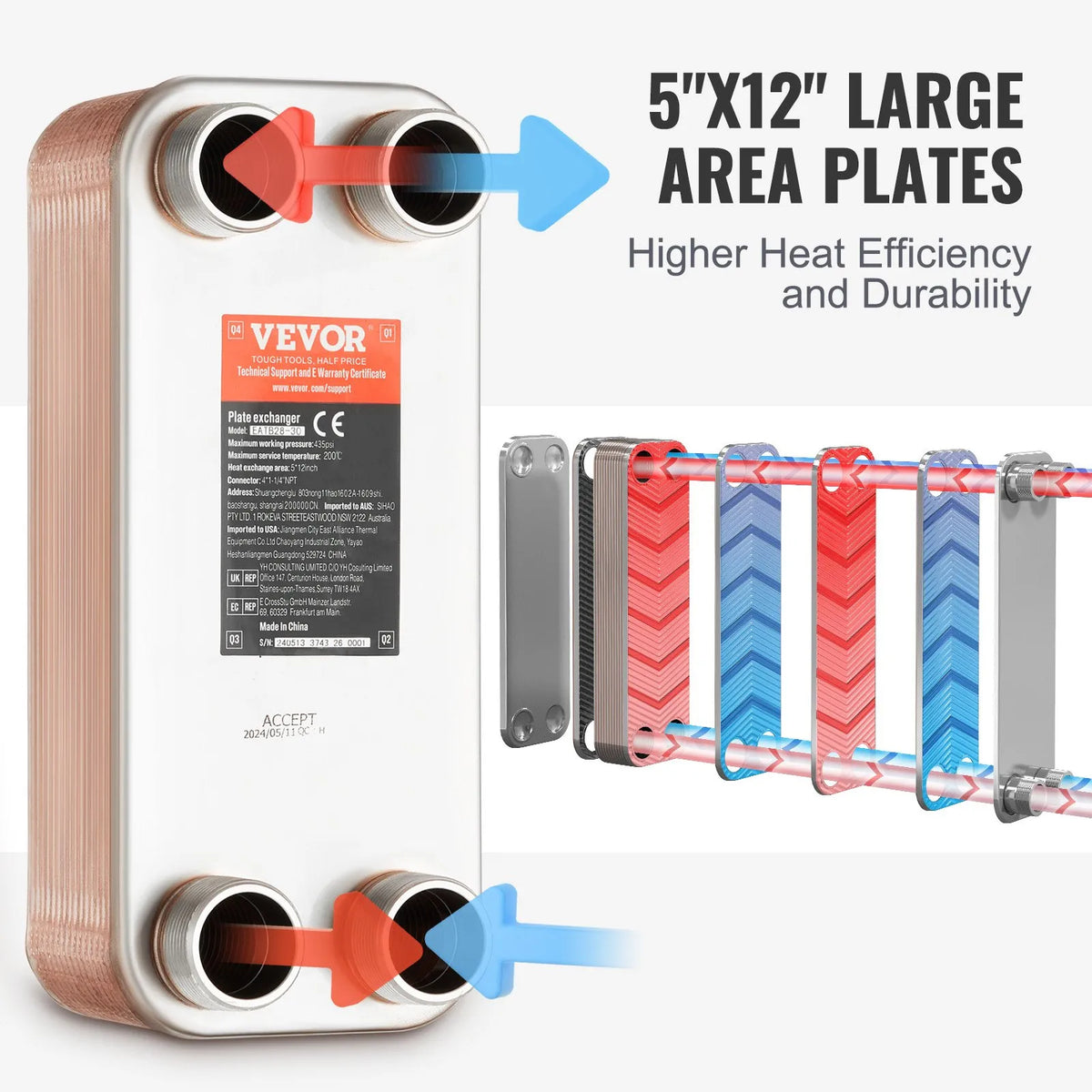 VEVOR lodētais plākšņu siltummainis, 5" × 12" (127 × 305 mm), 30 plāksnes, vara un 316L nerūsējošā tērauda ūdens–ūdens siltummainis grīdas apkurei, ūdens sildīšanai, sniega kausēšanai un alus dzesēšanai