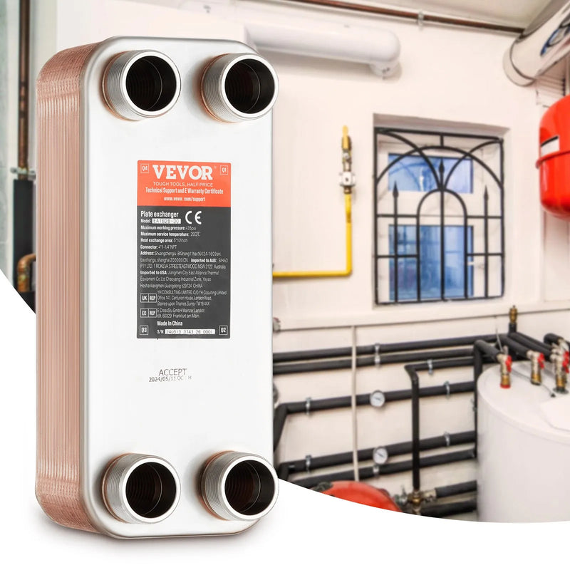 VEVOR lodētais plākšņu siltummainis, 5" × 12" (127 × 305 mm), 30 plāksnes, vara un 316L nerūsējošā tērauda ūdens–ūdens siltummainis grīdas apkurei, ūdens sildīšanai, sniega kausēšanai un alus dzesēšanai