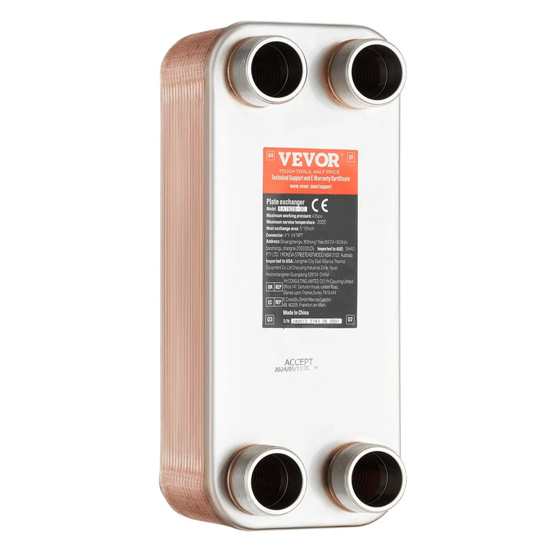 VEVOR lodētais plākšņu siltummainis, 5" × 12" (127 × 305 mm), 30 plāksnes, vara un 316L nerūsējošā tērauda ūdens–ūdens siltummainis grīdas apkurei, ūdens sildīšanai, sniega kausēšanai un alus dzesēšanai