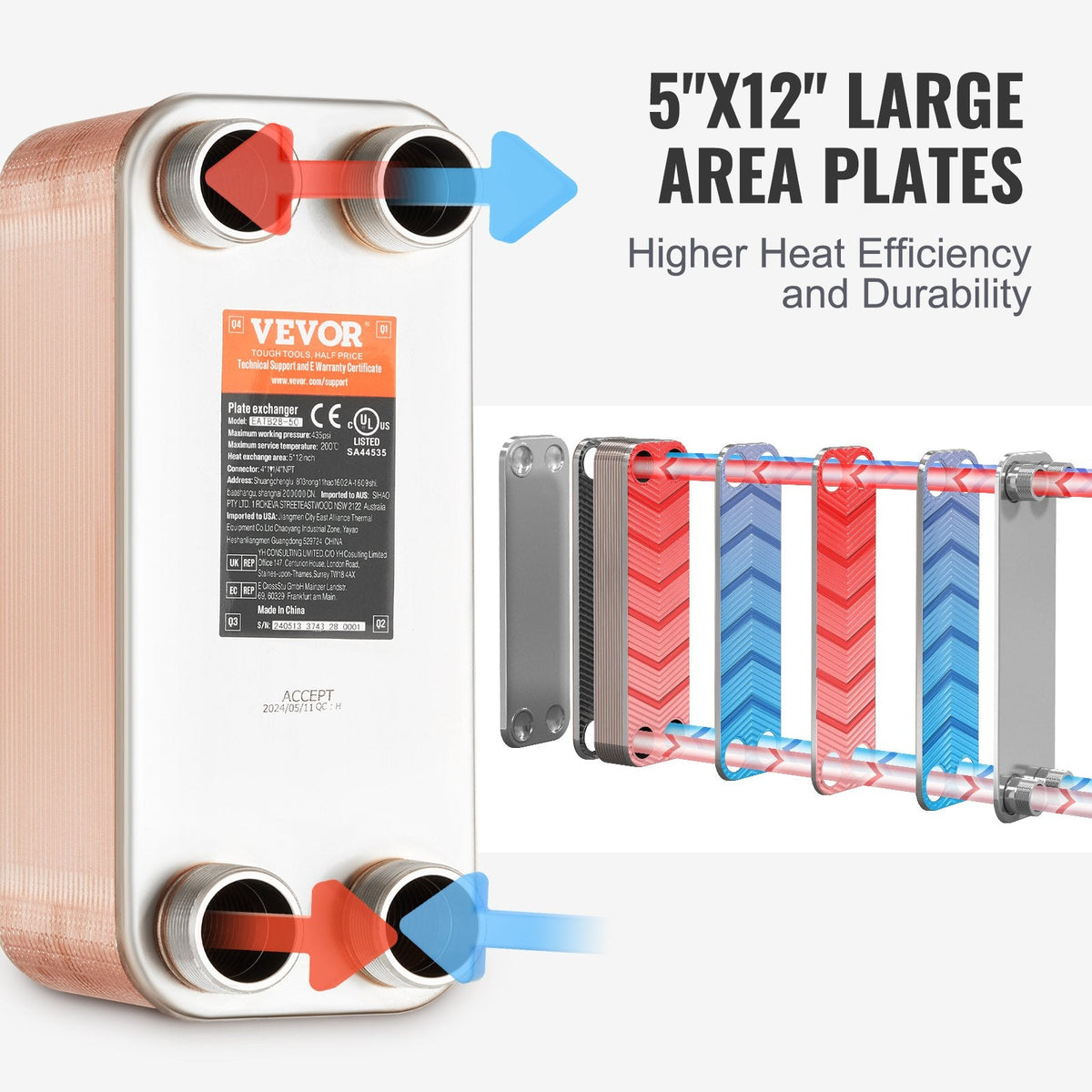 VEVOR 50 Plates Siltummaiņas Ierīce 4*25,4 mm- 25,4 mm MNPT Pieslēgumi 12,7 x 30,5 cm Svarīga Brazētā 316L Nerūsējošā Tērauda