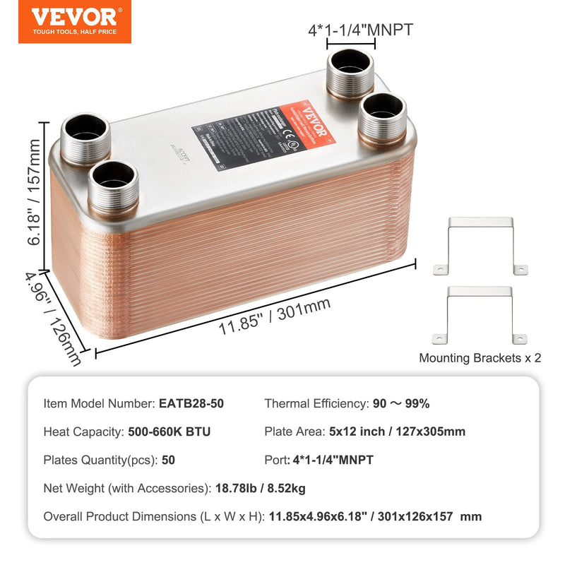 VEVOR 50 Plates Siltummaiņas Ierīce 4*25,4 mm- 25,4 mm MNPT Pieslēgumi 12,7 x 30,5 cm Svarīga Brazētā 316L Nerūsējošā Tērauda
