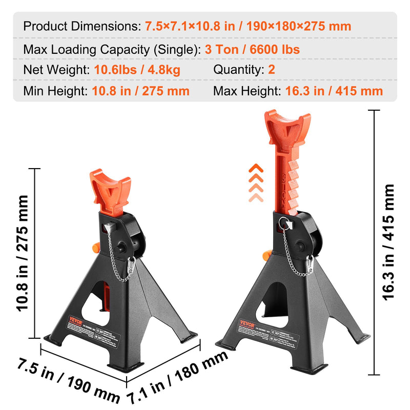 VEVOR domkratu statīvi, 3 t celtspēja, dubultā fiksācija, augstums regulējams no 275 līdz 415 mm, piemēroti SUV, pikapiem, automašīnām un UTV/ATV, sarkani, 1 pāris