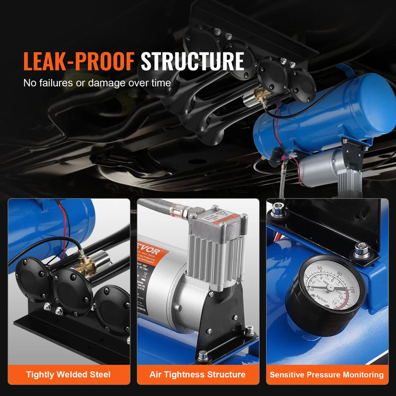 VEVOR vilciena tipa gaisa taures komplekts ar 4 taurēm, līdz 150 dB, 12 V gaisa kompresors ar 6 l tvertni un manometru, piemērots automašīnām, kravas auto, furgoniem un laivām