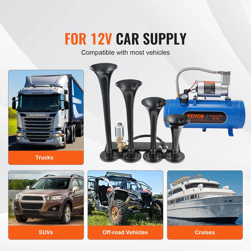 VEVOR vilciena tipa gaisa taures komplekts ar 4 taurēm, līdz 150 dB, 12 V gaisa kompresors ar 6 l tvertni un manometru, piemērots automašīnām, kravas auto, furgoniem un laivām