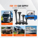 VEVOR vilciena tipa gaisa taures komplekts ar 4 taurēm, līdz 150 dB, 12 V gaisa kompresors ar 6 l tvertni un manometru, piemērots automašīnām, kravas auto, furgoniem un laivām