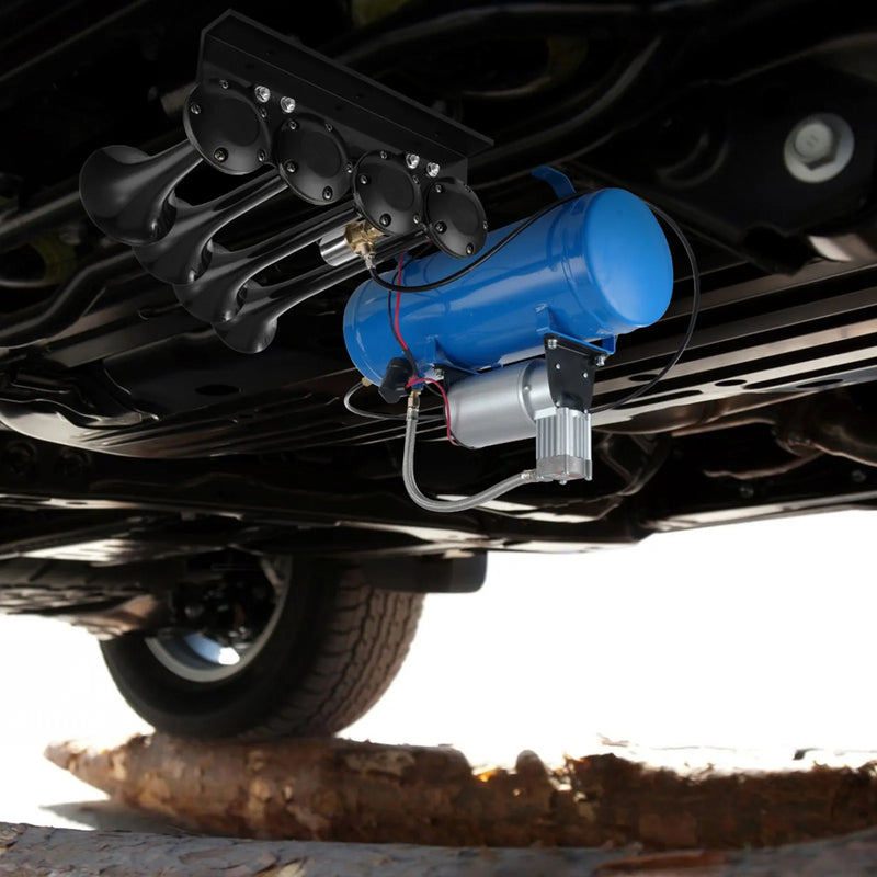 VEVOR vilciena tipa gaisa taures komplekts ar 4 taurēm, līdz 150 dB, 12 V gaisa kompresors ar 6 l tvertni un manometru, piemērots automašīnām, kravas auto, furgoniem un laivām