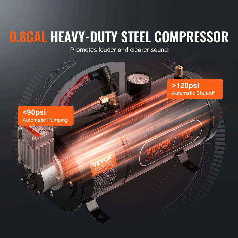 VEVOR vilciena tipa gaisa signāla komplekts ar 4 tauru skaņām, 120 psi gaisa kompresors, gaisa tvertne 3,03 l