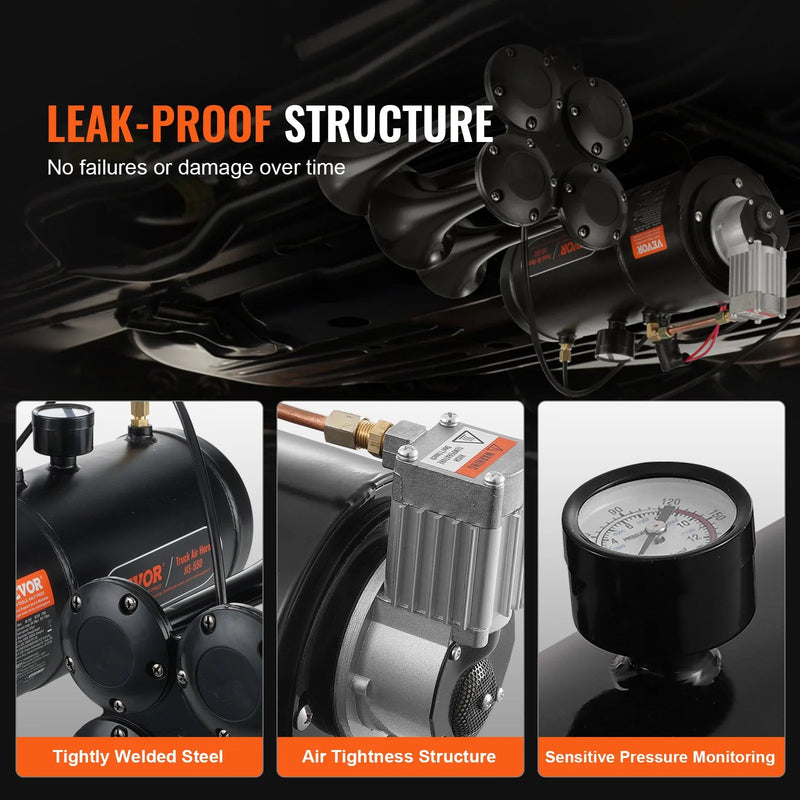 VEVOR vilciena tipa gaisa signāla komplekts ar 4 tauru skaņām, 120 psi gaisa kompresors, gaisa tvertne 3,03 l