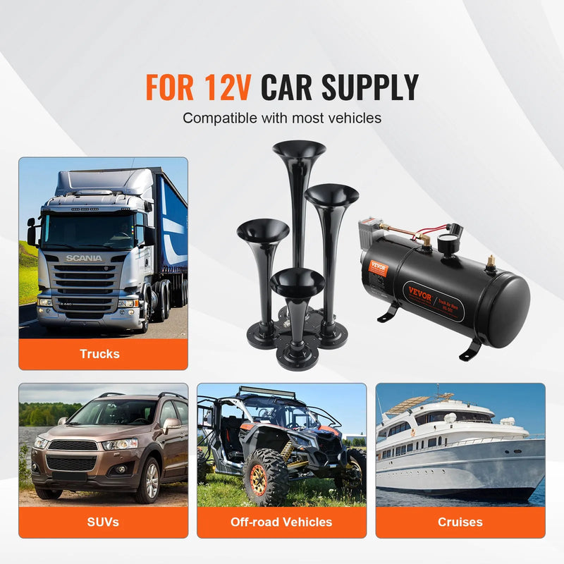 VEVOR vilciena tipa gaisa signāla komplekts ar 4 tauru skaņām, 120 psi gaisa kompresors, gaisa tvertne 3,03 l