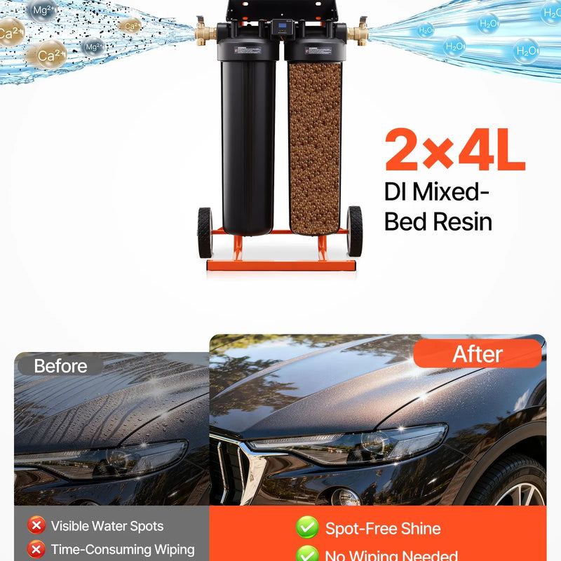 VEVOR dejonizēta ūdens sistēma auto mazgāšanai ar 2 x 4 l DI sveķiem, apvada vārstu un TDS mērītāju, pārnēsājams beznosēdumu ūdens filtrs automašīnām, kemperiem un logiem