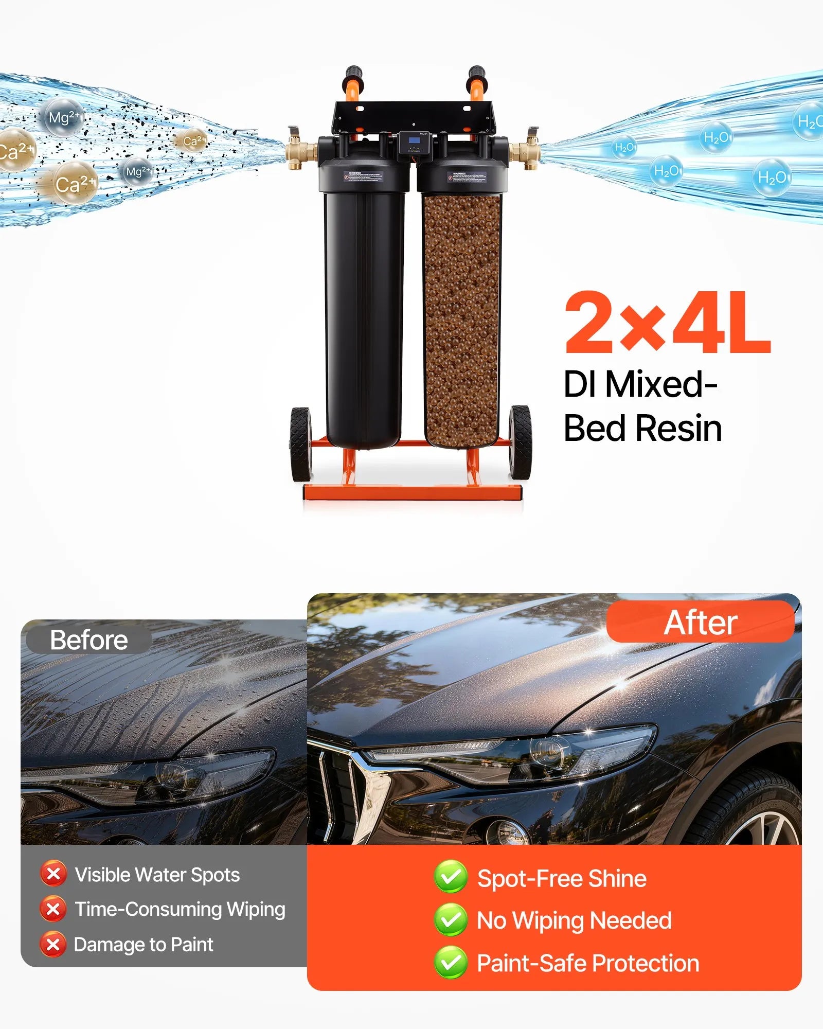VEVOR dejonizēta ūdens sistēma auto mazgāšanai ar 2 x 4 l DI sveķiem, apvada vārstu un TDS mērītāju, pārnēsājams beznosēdumu ūdens filtrs automašīnām, kemperiem un logiem