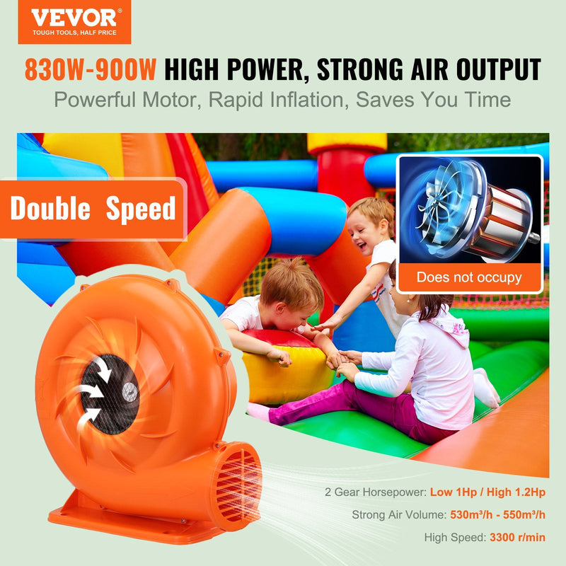 VEVOR ventilators piepūšamām batutu atrakcijām, 900 W jauda, gaisa plūsma 550 m³/h – piemērots piepūšamo konstrukciju ātrai un efektīvai piepildīšanai ar gaisu.