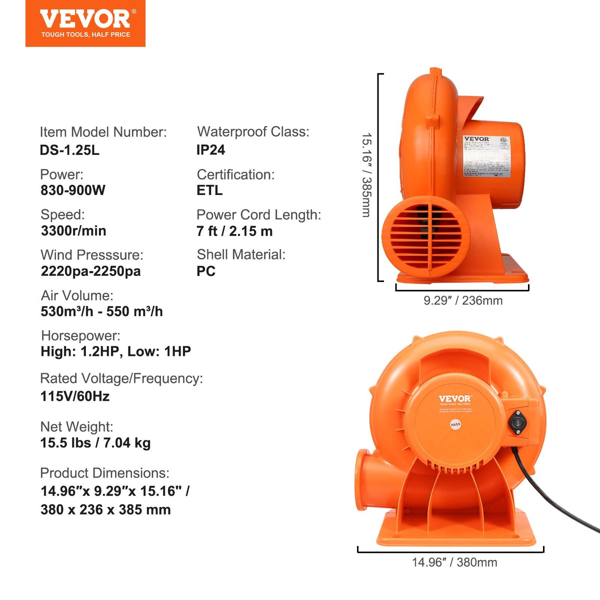 VEVOR ventilators piepūšamām batutu atrakcijām, 900 W jauda, gaisa plūsma 550 m³/h – piemērots piepūšamo konstrukciju ātrai un efektīvai piepildīšanai ar gaisu.