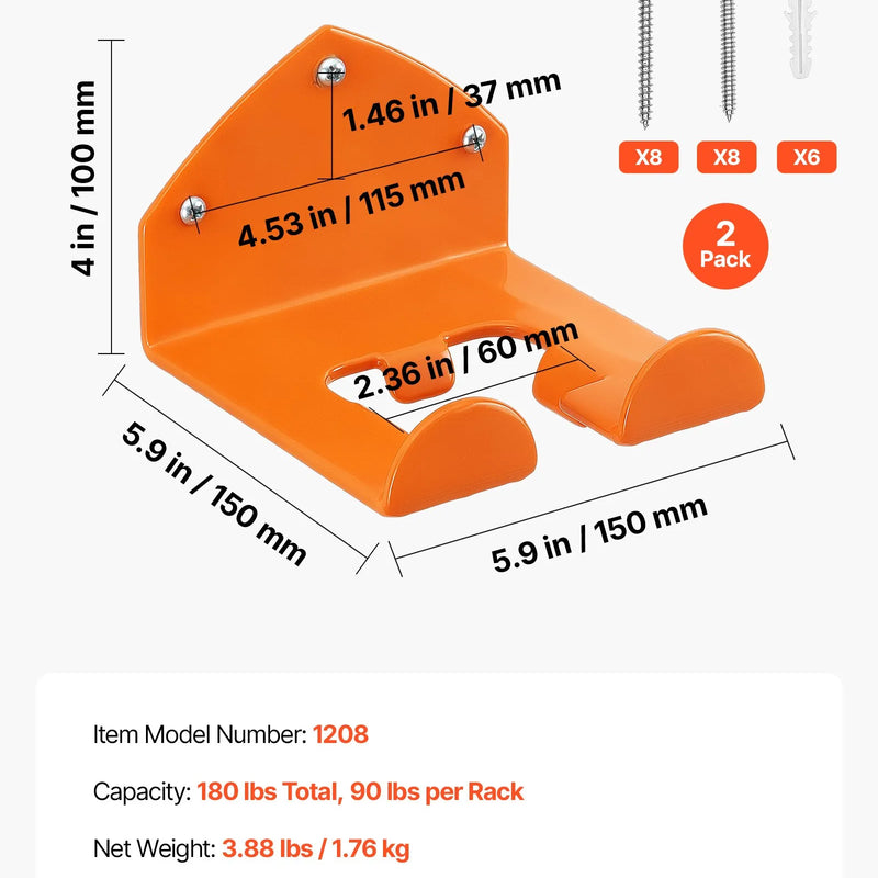 VEVOR sienas turētāji dārza elektroinstrumentiem, 2 gab., 150 mm, kopējā nestspēja 82 kg, trimmeriem, lapu pūtējiem un motorzāģiem, oranži