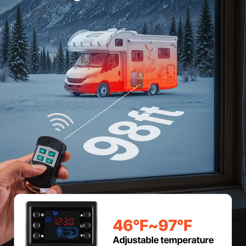 Dīzeļsildītājs 8 kW, DC 12V, pārnēsājams ar tālvadību, LCD ekrānu un 5 L tvertni