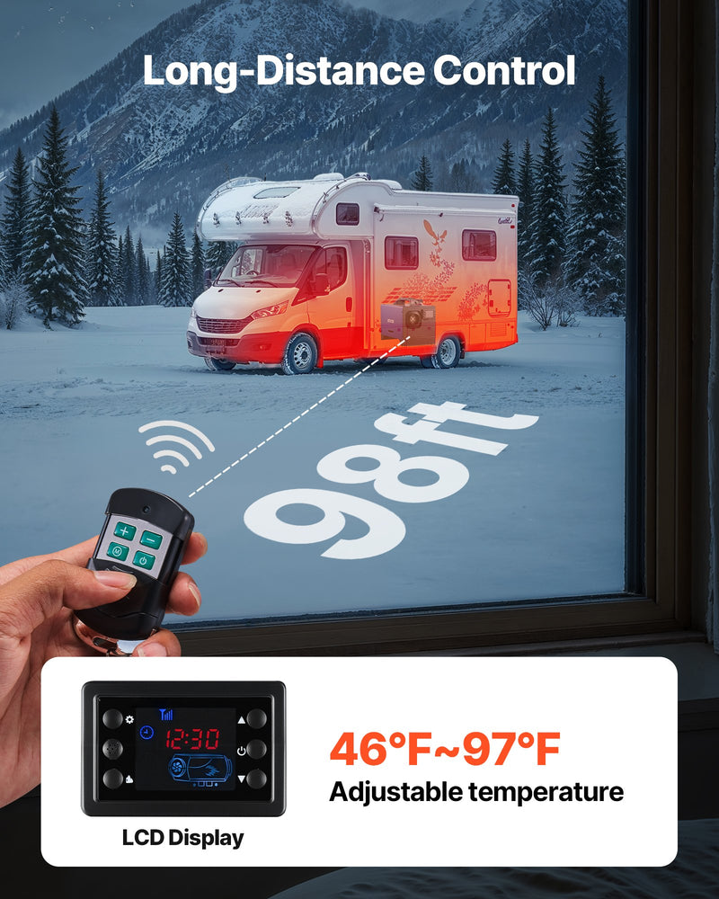 Dīzeļdegvielas gaisa sildītājs 8 kW, DC 12 V, pārnēsājams “All in One” ar tālvadības pulti un LCD displeju, ātra uzsildīšana, zems trokšņa līmenis, 5 L degvielas tvertne automašīnām, kemperiem, furgoniem, traktoriem un kravas automašīnām