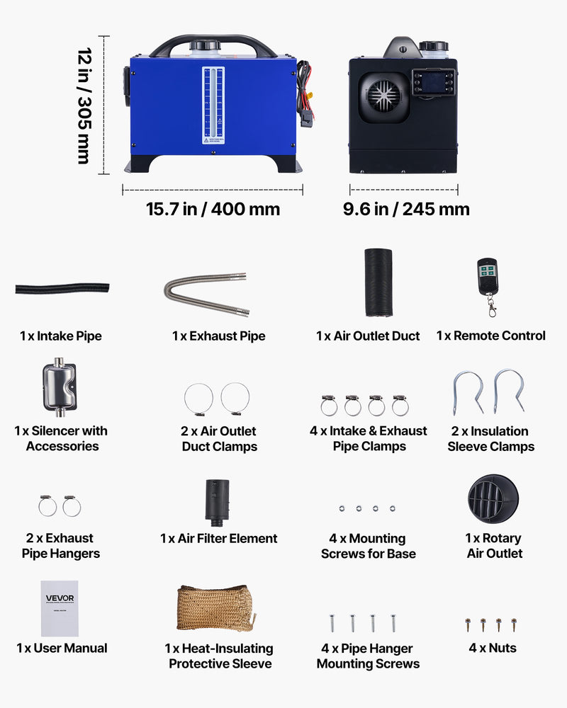 Dīzeļdegvielas gaisa sildītājs 8 kW, DC 12 V, pārnēsājams “All in One” ar tālvadības pulti un LCD displeju, ātra uzsildīšana, zems trokšņa līmenis, 5 L degvielas tvertne automašīnām, kemperiem, furgoniem, traktoriem un kravas automašīnām